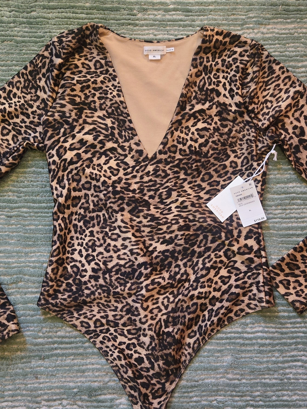 Good American Leopard Print Long Sleeve Compression Bodysuit - Tan/Black